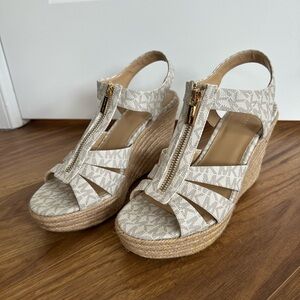 Michael Kors Beige Monogram Espadrille Wedge Sandals with Gold Zip